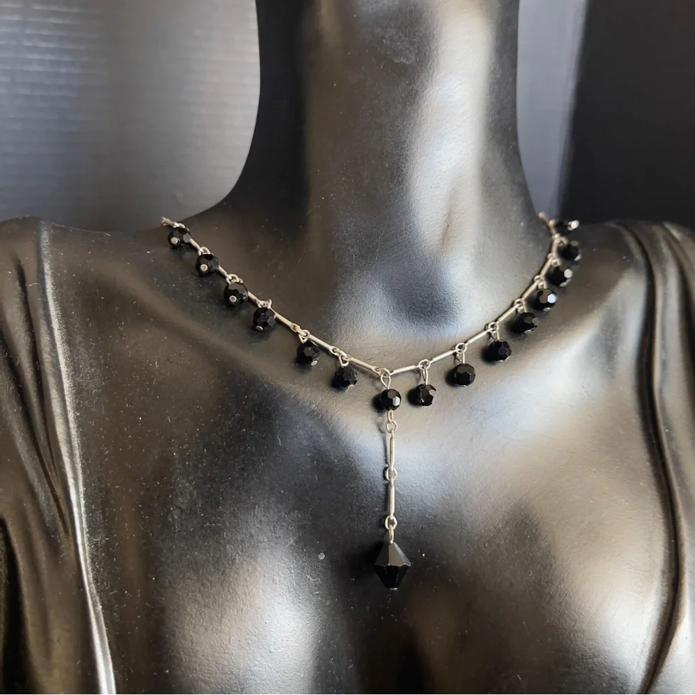 Sterling Silver Black Glass Clip Chain Necklace 16 Inch
